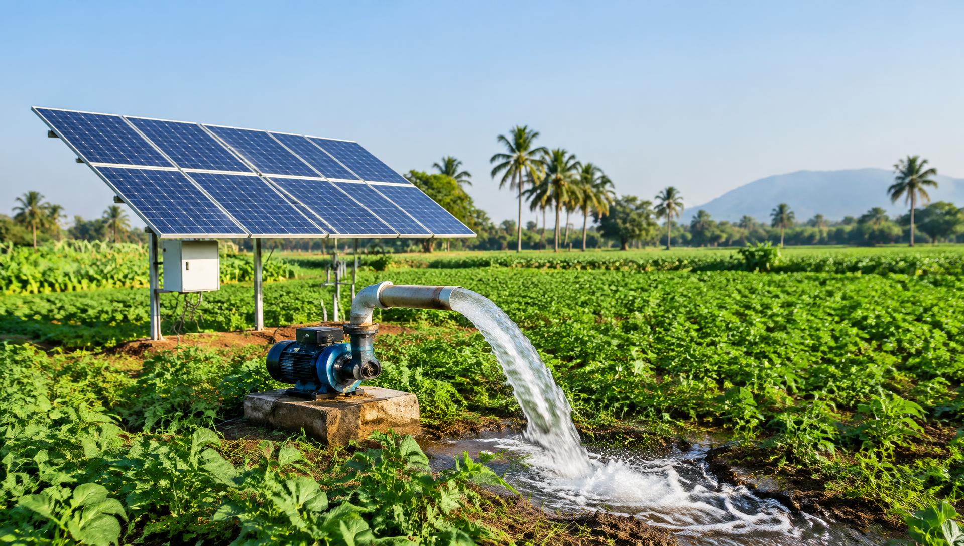 Solar water pump irrigating a green farm field