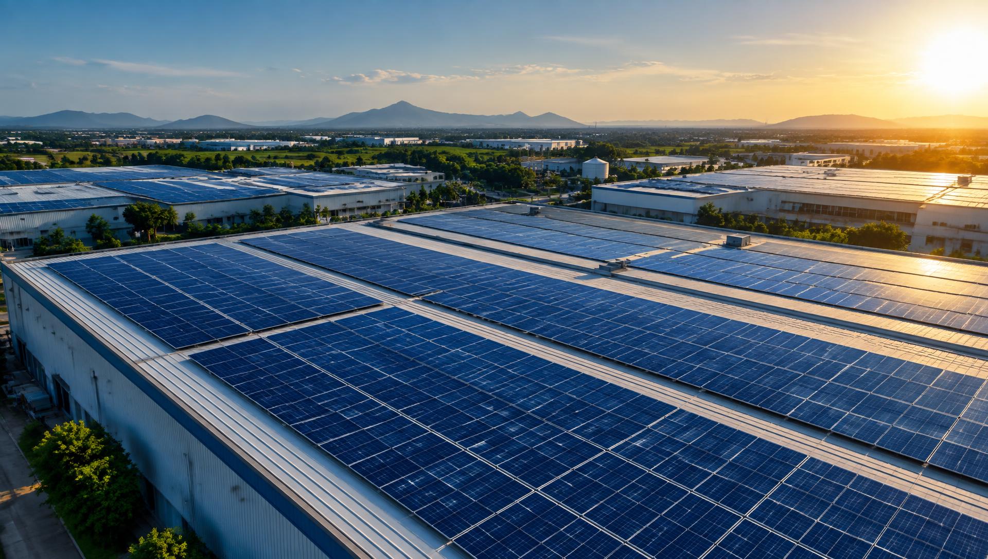 Large industrial solar panel park under direct sunlight