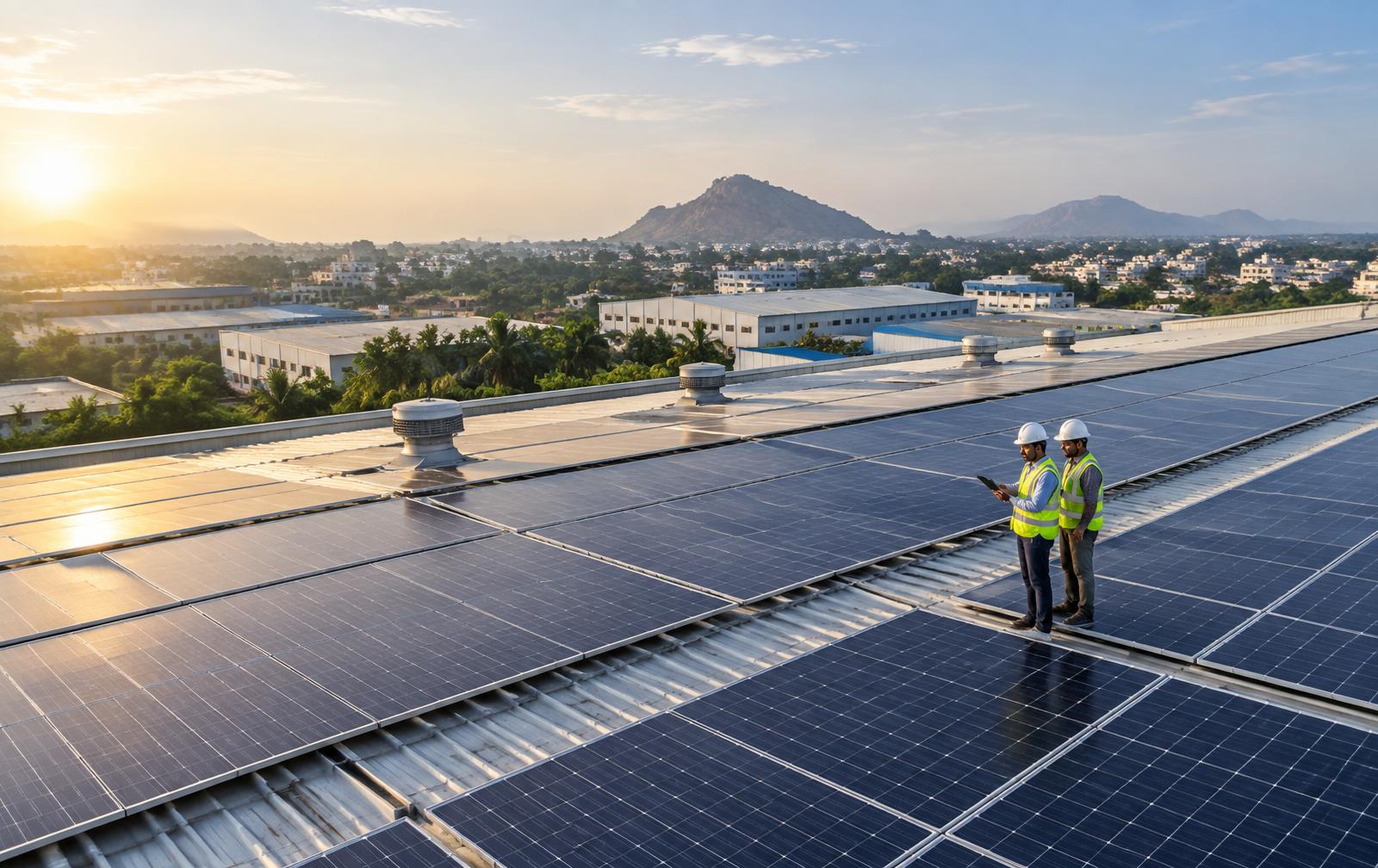 Engineers inspecting a commercial rooftop solar array