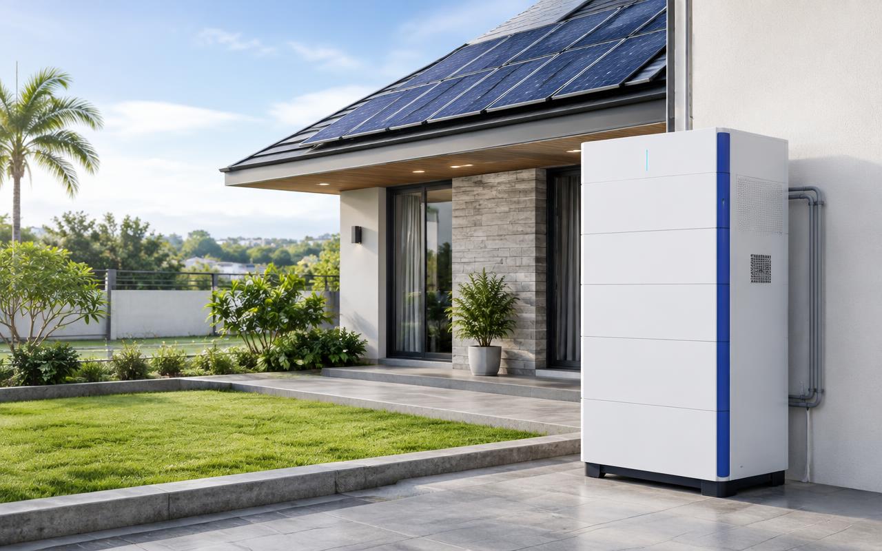 MYSINE Prime residential battery storage beside a solar home